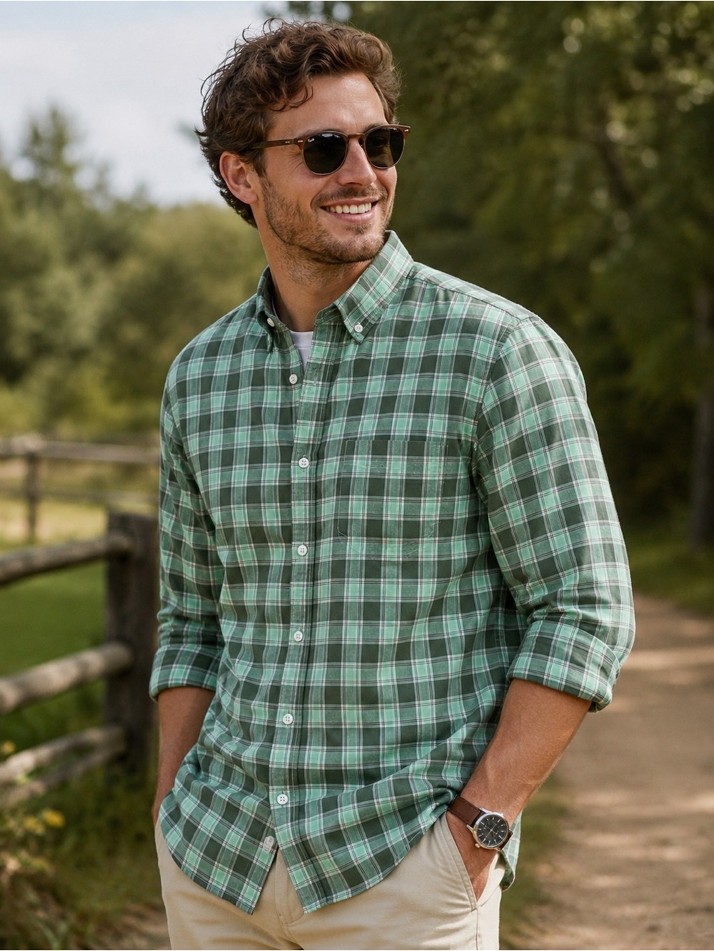Columbia Men’s XL Green Plaid Long Sleeve 100% Cotton Button Down Shirt EUC